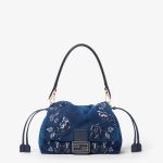 FENDI Mamma Baguette Medium Blue flocked denim bag with Night Butterfly embroidery
